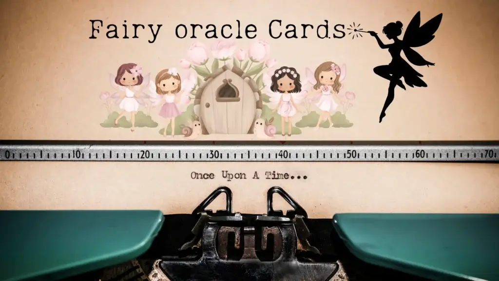 A Text of Once Upon a Time Displaying on grungy old typewriter and the top of that Fairy Oracle Cards is Written